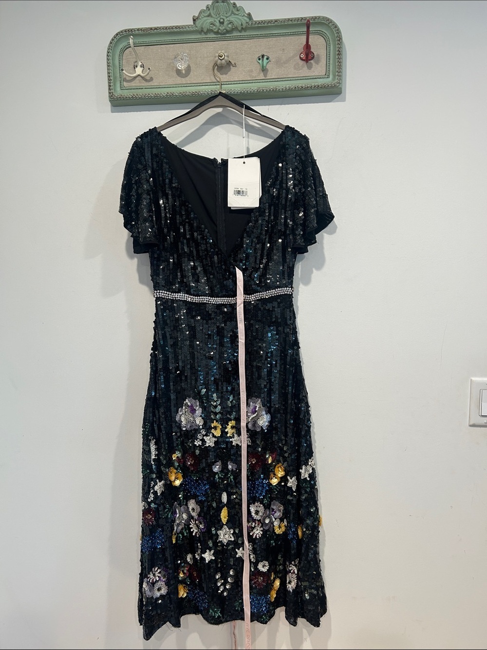 Mac Duggal Black Sequin Midi Dress with Floral Embroidery